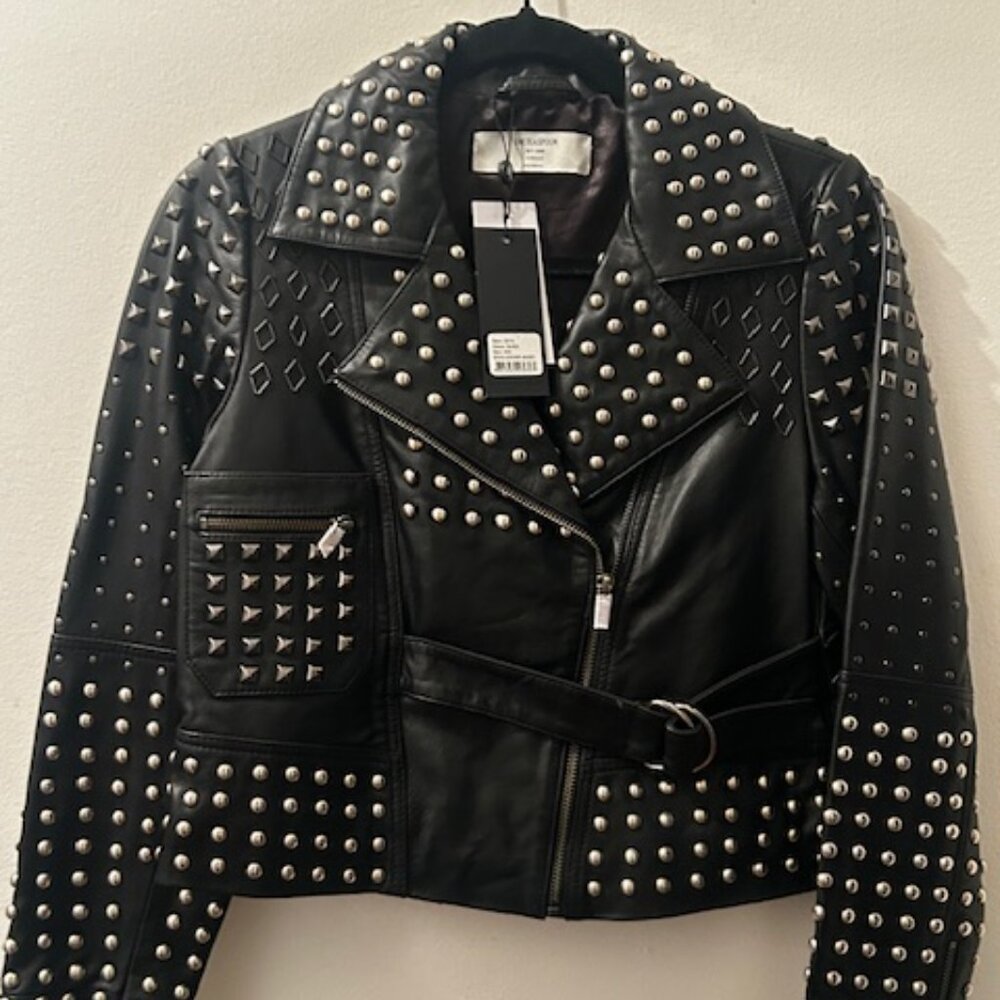 One Teaspoon BLACK DIAMOND STUDDED LEATHER Crop Lined Modern Moto Jacket NWT XXS